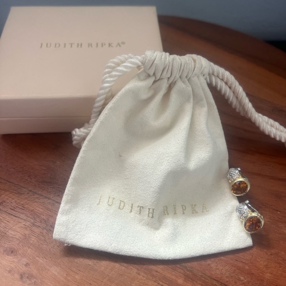 Judith Ripka JR TWO Sterling Silver 18K Gold Citrine & Diamond Huggie Earrings - Picture 11 of 12